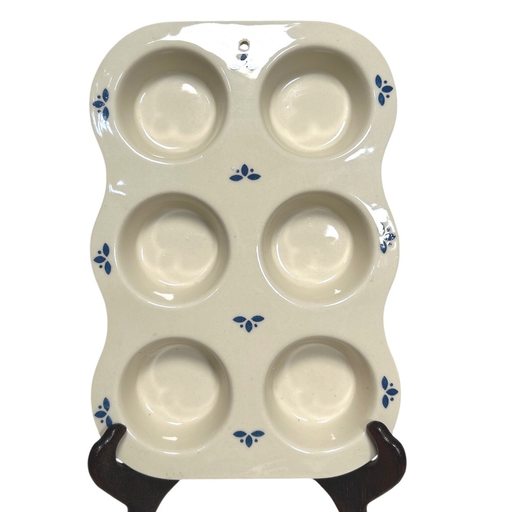 Friendship Pottery Blue Flower Cream Stoneware 6 Cup Muffin Pan Heart Wall Decor